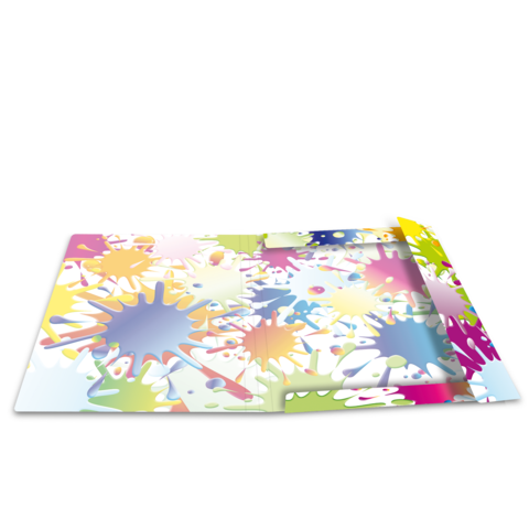 Ein offenes Notizbuch mit bunten Farbspritzern auf den Seiten, die in verschiedenen Formen und Größen angeordnet sind.