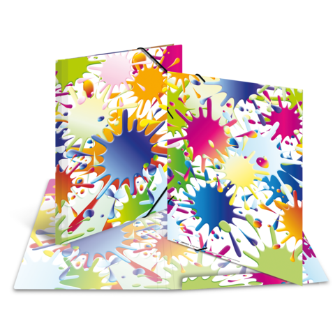 Bunte Ordner mit Spritzmuster in verschiedenen Farben, die auf einem Tisch angeordnet sind.