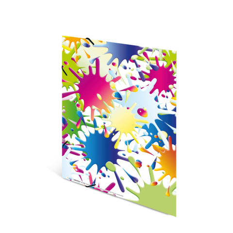 Bunte Farbkleckse in verschiedenen Formen und Größen auf weißem Hintergrund, die ein lebhaftes und kreatives Design erzeugen.