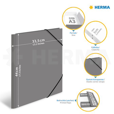 Grijze DIN A3-map met elastische hoeken en bedrukte tabs, afmetingen 33,5 cm x 44 cm, capaciteit tot 3 cm.